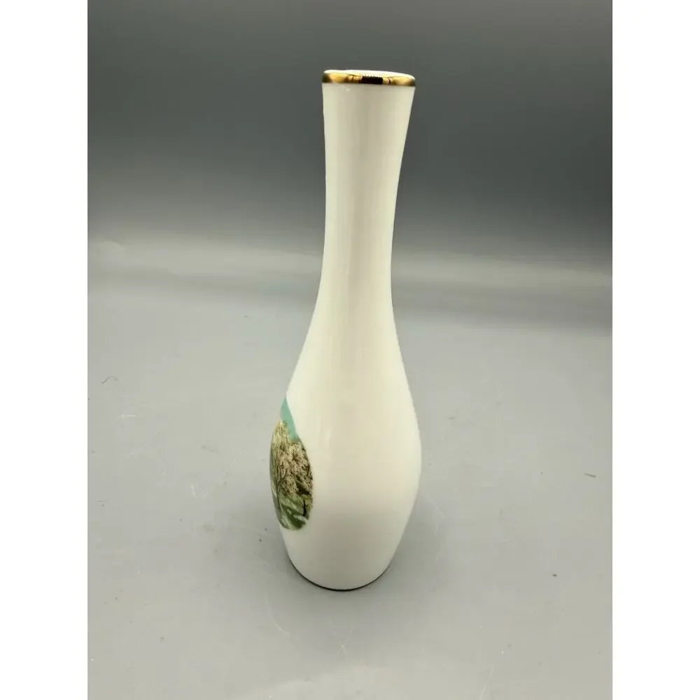 Vintage Made in Japan Bud Vase White Gold Rim Scenic House Spring 6.5”